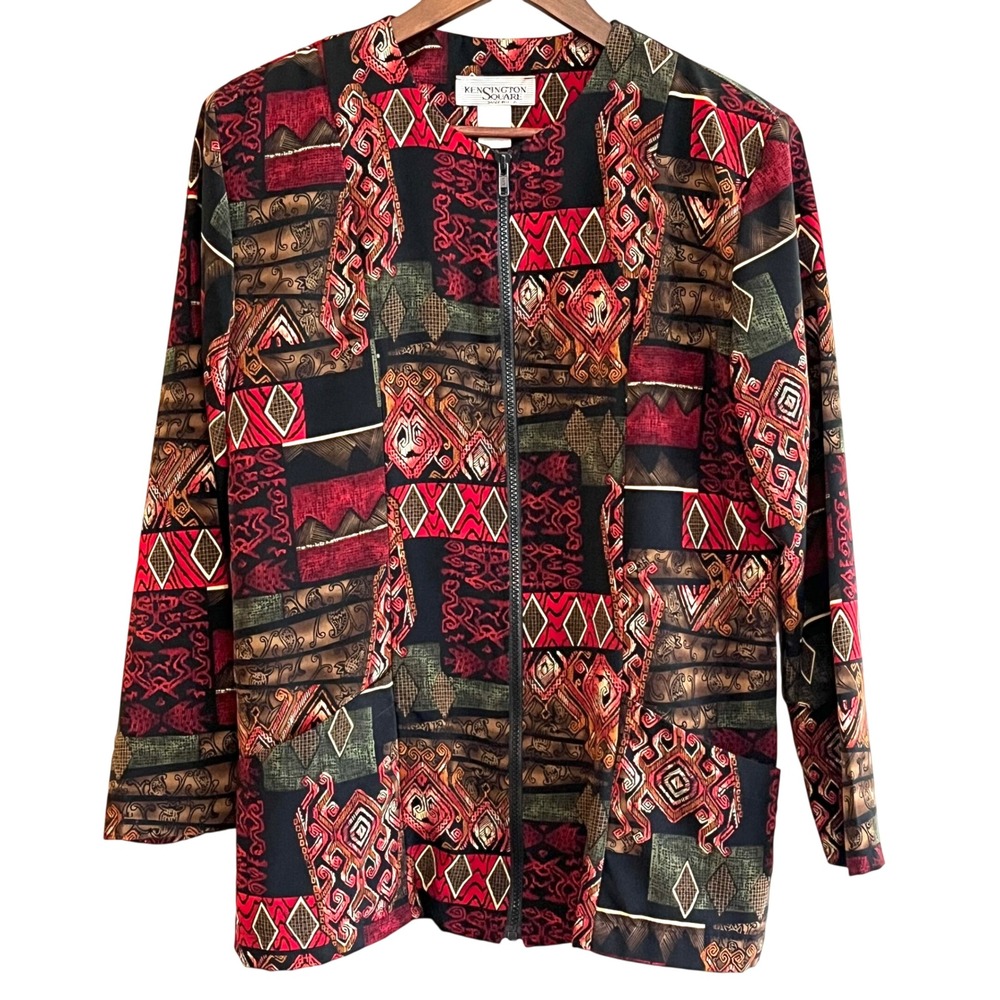 Kensington Square Womens Vintage Abstract Geometric Zip Front Jacket Pockets M